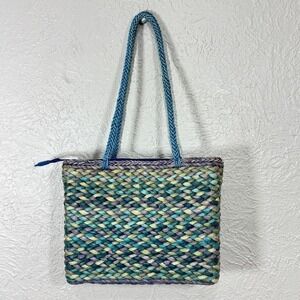 RedFish Designs Woven Straw Tote Bag Purse Vtg Boho Coastal Beach Festival Blue